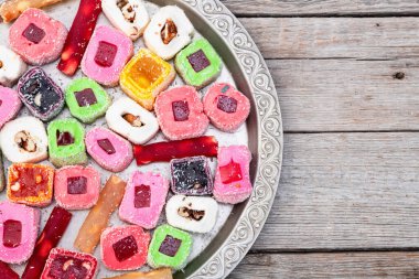 Türk lokum şekeri. Raf lokum fotoğrafçılık. Üst görünüm