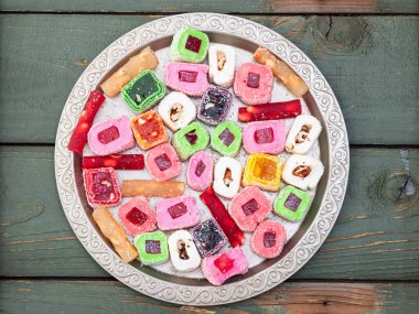 Türk lokum şekeri. Raf lokum fotoğrafçılık. Üst görünüm