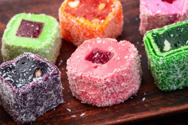 Türk lokum şekeri. Raf lokum fotoğrafçılık. Üst görünüm