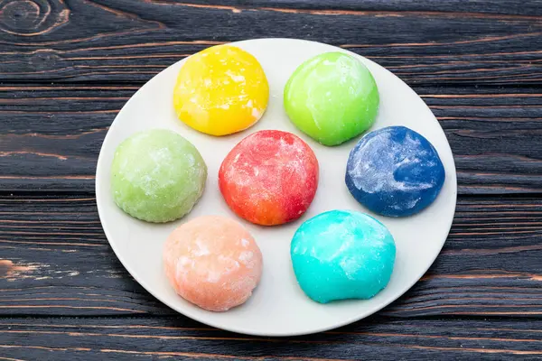 stock image Mix of colorful mochi . Traditional japanese dessert top view