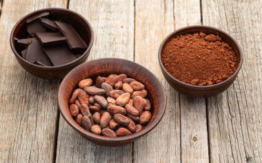 Kakaolu fasulye taneleri kasede. Çikolata hazırlamak için gerekli malzemeler. Yemek arkaplanı. Üst görünüm