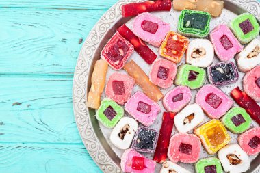 Türk lokum şekeri. Raf lokum fotoğrafçılık. Üst görünüm