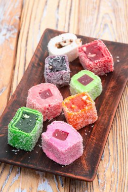 Türk lokum şekeri. Raf lokum fotoğrafçılık. Üst görünüm