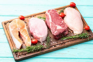 Çiğ et ve balık karışımı. Somon, sığır eti, domuz eti, tavuk suyu. En iyi görüntü fotoğrafçılığı