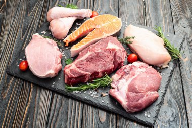 Çiğ et ve balık karışımı. Somon, sığır eti, domuz eti, tavuk suyu. En iyi görüntü fotoğrafçılığı