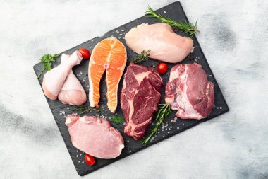 Çiğ et ve balık karışımı. Somon, sığır eti, domuz eti, tavuk suyu. En iyi görüntü fotoğrafçılığı