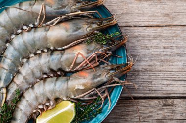 Çiğ kaplan (kral) karides fotoğrafçılığı. Kırsal arkaplanda üst görünüm