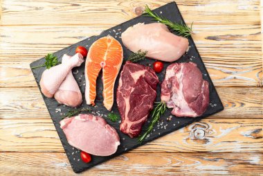 Çiğ et ve balık karışımı. Somon, sığır eti, domuz eti, tavuk suyu. En iyi görüntü fotoğrafçılığı