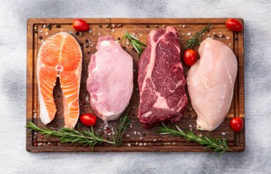 Çiğ et ve balık karışımı. Somon, sığır eti, domuz eti, tavuk suyu. En iyi görüntü fotoğrafçılığı