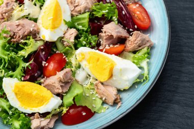 Yumurta ve domates fotoğraflı konserve ton balığı salatası. Kırsal arkaplanda üst görünüm