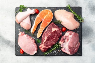 Çiğ et ve balık karışımı. Somon, sığır eti, domuz eti, tavuk suyu. En iyi görüntü fotoğrafçılığı