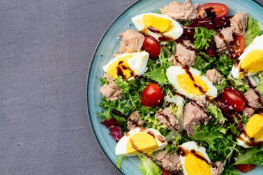 Yumurta ve domates fotoğraflı konserve ton balığı salatası. Kırsal arkaplanda üst görünüm