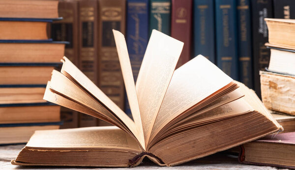 Old books in a library . Education background photography