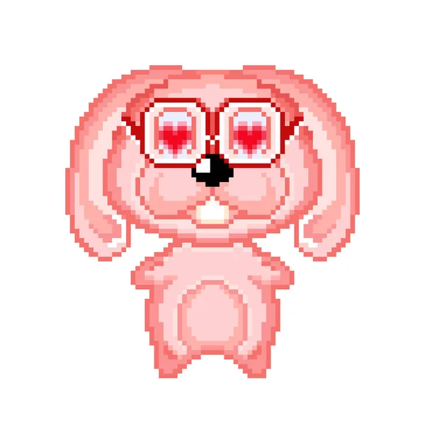 ピクセルピンクのウサギ ピクセル アイコン 眼鏡をかけた漫画の美しいウサギ 恋のバニー — ストックベクタ