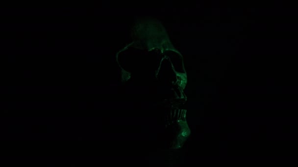 人間の頭蓋骨の回転 暗い背景の緑の光の下で シームレスなループ — ストック動画