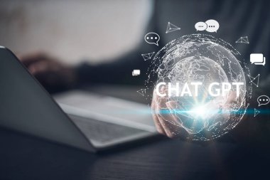 System Artificial intelligence chatbot , Businessman using Laptop or Smartphone With ChatGPT Chat Bot AI , Technology smart robot Ai Chat GPT application software , robot application Chat GPT