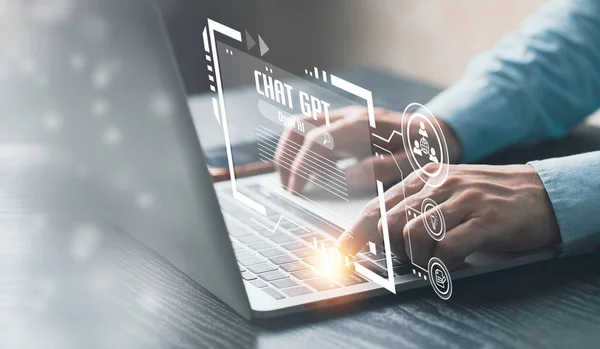 System Artificial intelligence chatbot , Businessman using Laptop or Smartphone With ChatGPT Chat Bot AI , Technology smart robot Ai Chat GPT application software , robot application Chat GPT