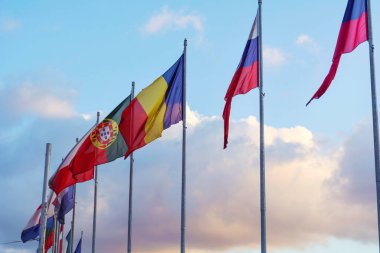 National flags in a row against sunset blue sky with clouds