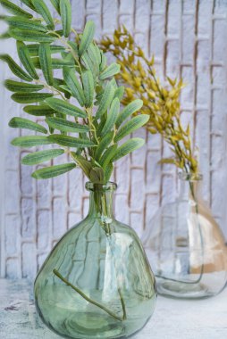 Yeşil bitkilerle dolu vazolar, İskandinav iç mimarisi.