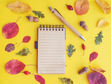 Kahverengi zemin üzerinde sonbahar yaprakları olan boş defter