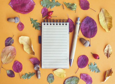 Kahverengi zemin üzerinde sonbahar yaprakları olan boş defter