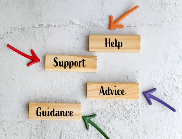 Support , help, advice , guidance words on wooden blocks