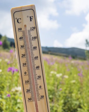 Dağ zemininde kırmızı ölçüm sıvısı olan ahşap termometre.