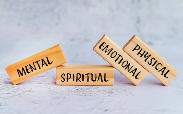 Psychiczny Duchowy Emocjonalny Fizyczny Zapisany Drewnianych Klockach Obrazek Stockowy