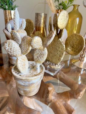 Süslü altın kaktüs saksıda. 