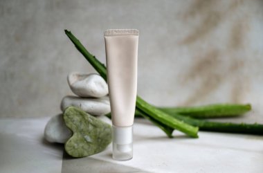 Aloe vera yüz kremi ve aloe vera taze yapraklar 