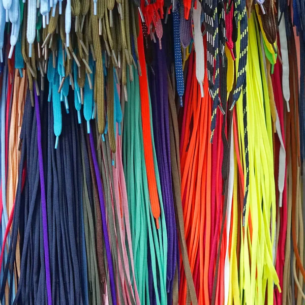Many New Colorful Shoe Laces Hanging — Stock Photo, Image