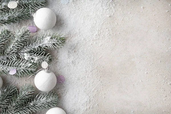 Kerst Winter Achtergrond Met Witte Decoraties Sneeuw Kopiëren Ruimte Vakantie — Stockfoto