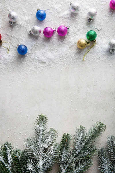 Концепція Свята Колір Різдвяні Кульки Снігу Вид Зверху Новорічні Гілки — стокове фото