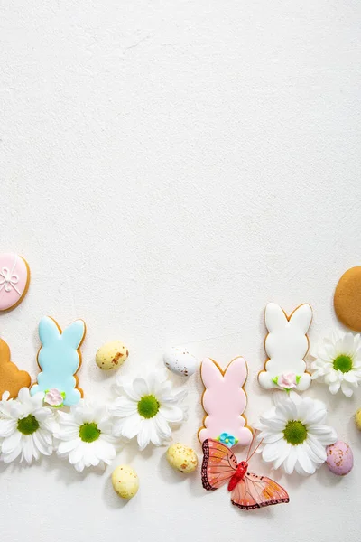 Top View Easter Cookies Decor Chocolate Eggs Bunny Copy Space — Stock Photo, Image