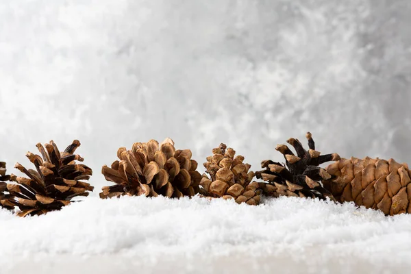 Winterurlaub Hintergrund Mit Dekor Tannenzapfen Und Schnee — Stockfoto