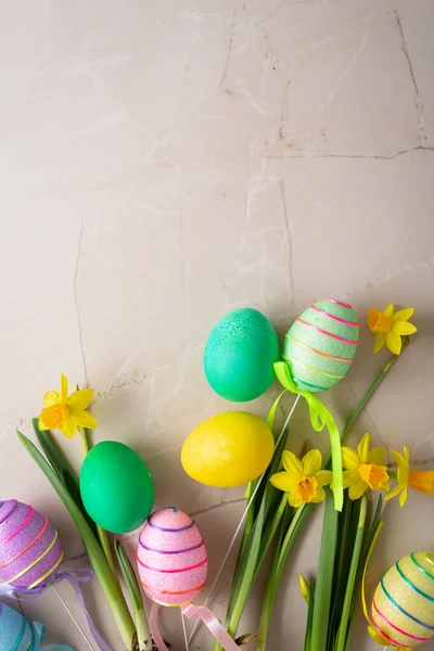 Color Spring Easter Eggs Flowers Copy Space — Stock Photo, Image