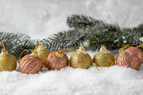 Christmas Concept Snow Decorations Pink Golden Ball Green Branches Copy — Stock Photo, Image