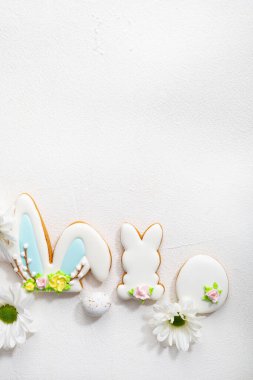 Overhead view of Easter bunny cookies holiday concept