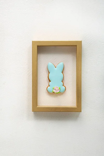 Blue Easter Bunny Golden Frame Holiday Concept Top View — Stock Photo, Image