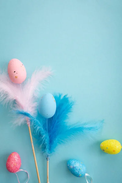 stock image Blue Easter holiday background with egg decor