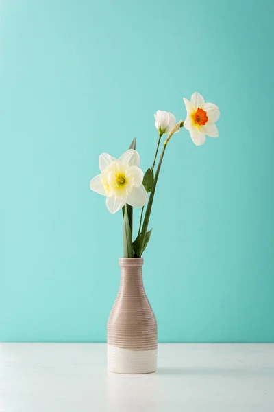 Frühlingsblumen Narzissen Der Vase Auf Minze Hintergrund — Stockfoto