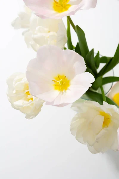 浅色桌子上花瓶里的白色和粉色郁金香的顶视图 — 图库照片