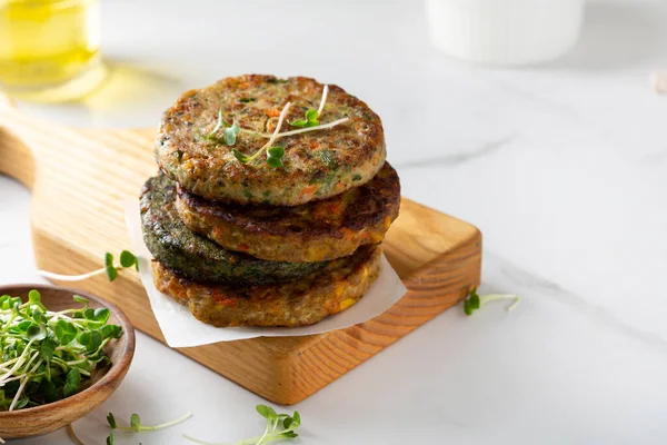 Vegan Baked Fritters Stack Healthy Food Micro Green — Stock Photo, Image