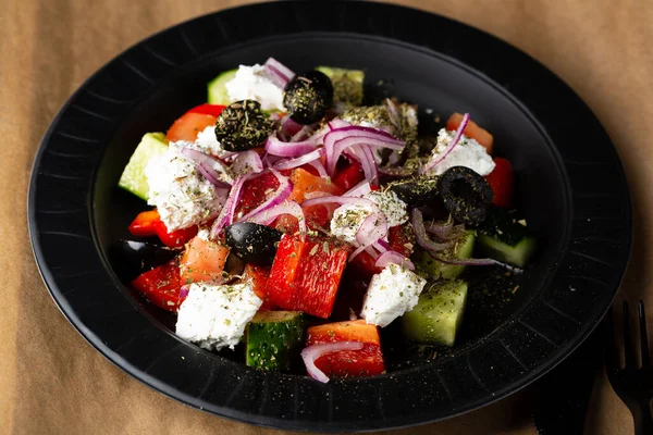 Greek Salad Feta Cheese Black Plate Food — Stock Photo, Image