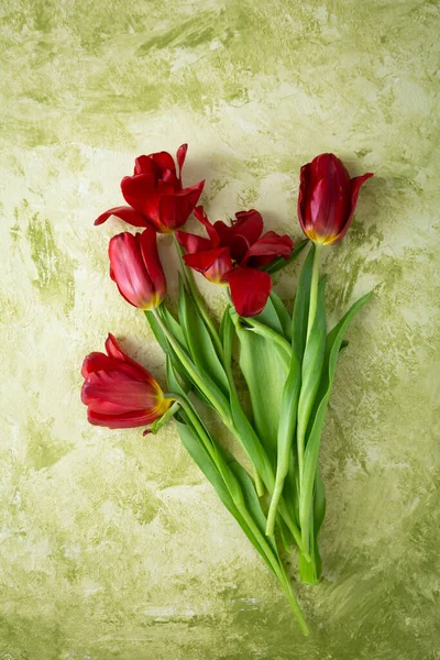 Overhead Ansicht Der Roten Tulpen Auf Gemaltem Hintergrund — Stockfoto