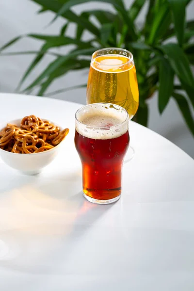 Two Glasses Cold Beer Snack Food Drink Light Table — Stock Photo, Image