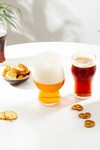 Two Glasses Cold Beer Food Drink Light Table — Stock Photo, Image