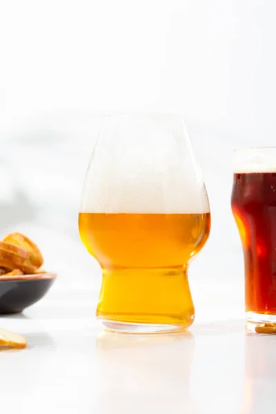 Two Glasses Cold Beer Food Drnk — Stock Photo, Image
