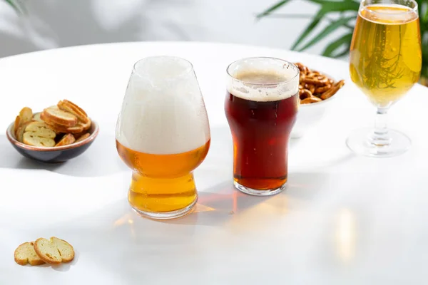 Beer Glasses White Table Food Drink — Stock Photo, Image