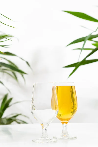 Two Glasses Light Beer White Table — Stock Photo, Image